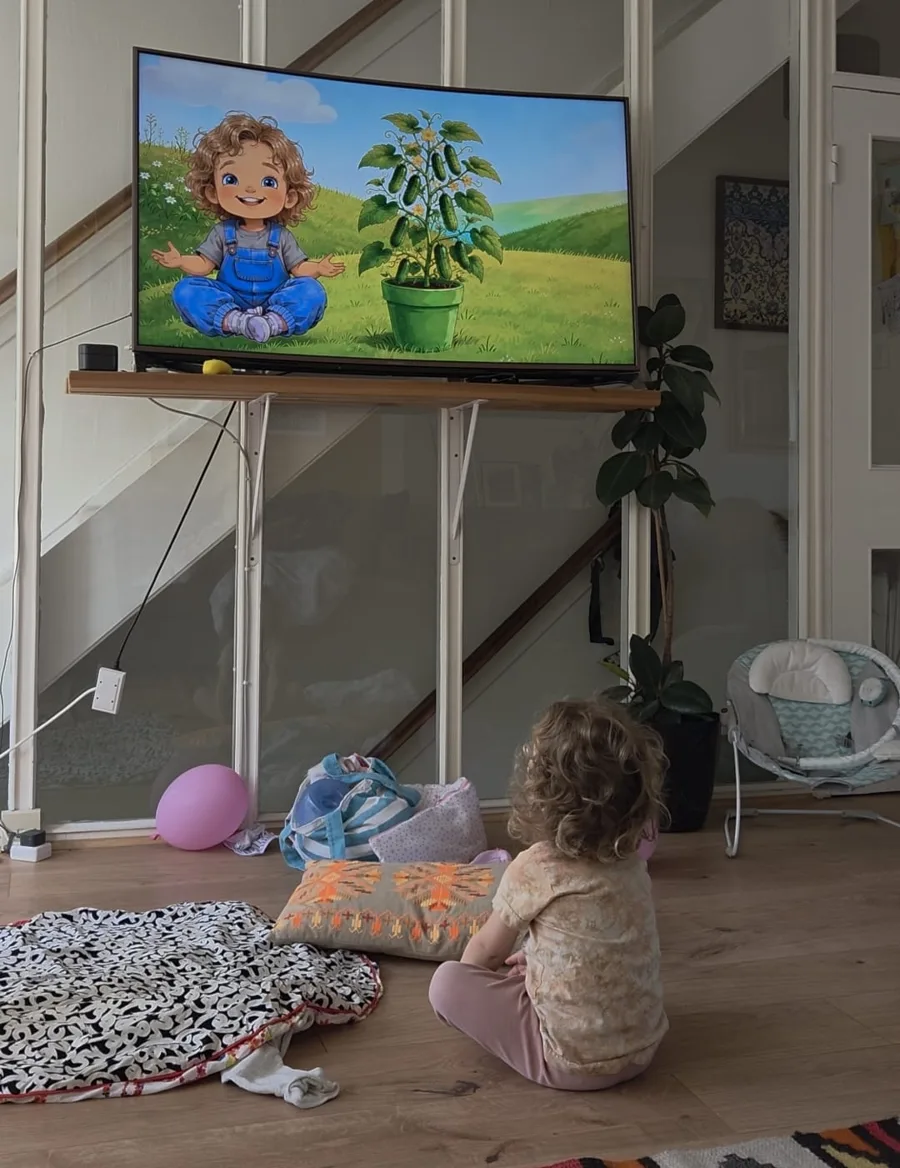 A toddler sitting on the floor watching a My Garden Songs animation of Lilly beside a cucumber plant