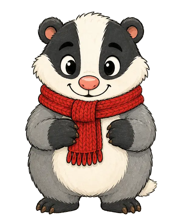 Diggy, a friendly cartoon badger wearing a red knitted scarf