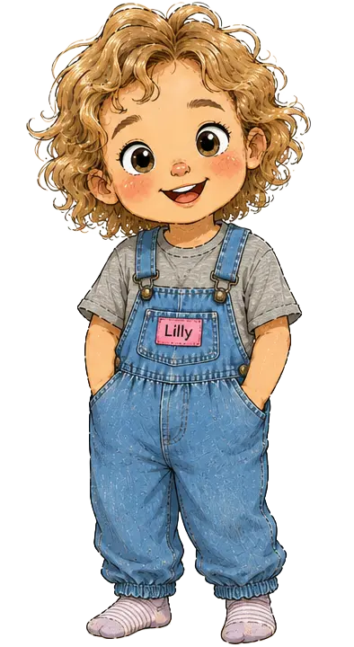 Lilly, a smiling toddler with sandy curls wearing blue denim dungarees
