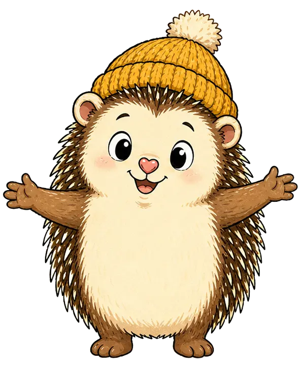 Poppy, a cheerful cartoon hedgehog wearing a yellow bobble hat