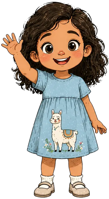 Rosy, a young girl with dark curly hair in a blue dress, waving hello
